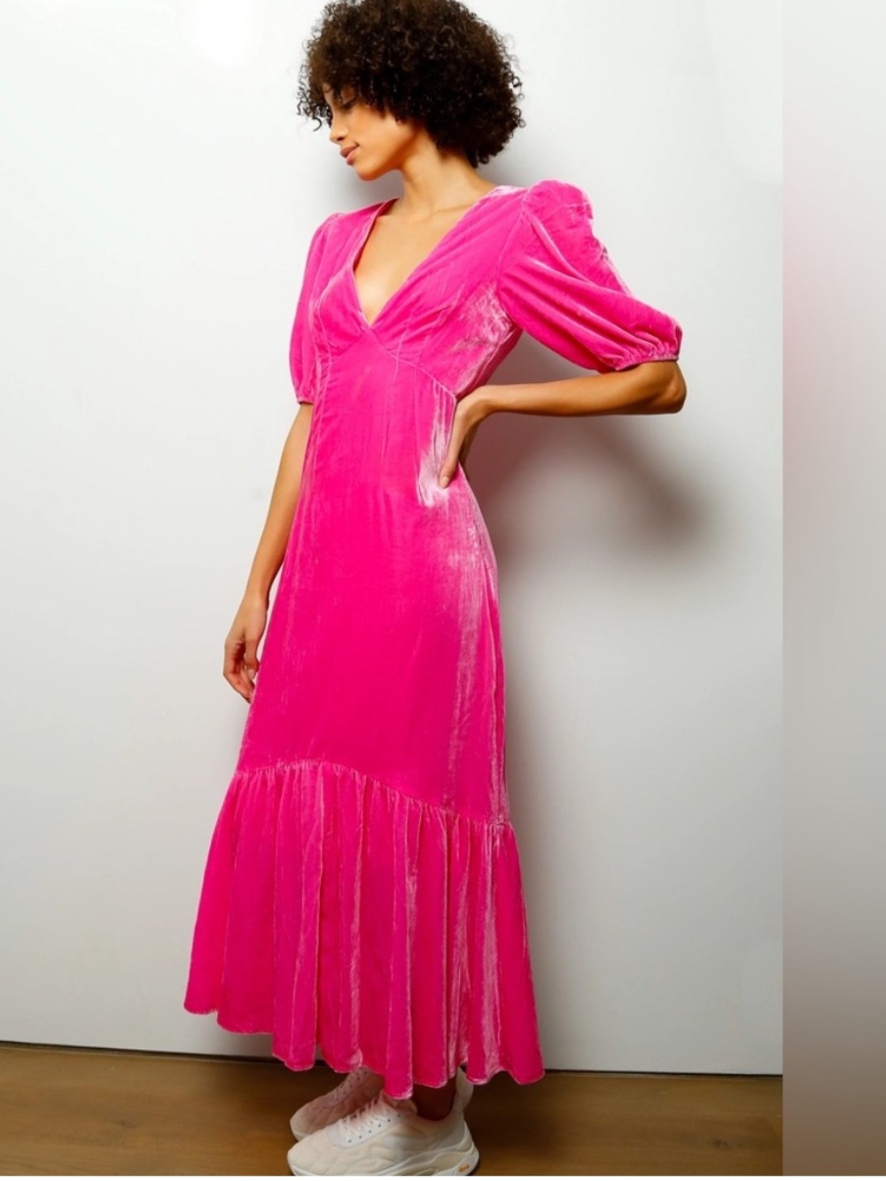 NWT Rhode Ester Dress Jaipur Hot Pink Velvet Midi Puff Sleeve Sz 0